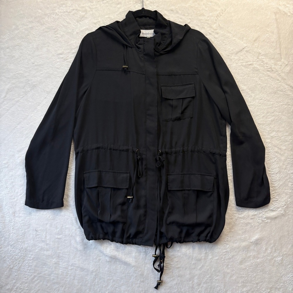 Daniel Rainn Black Hooded Utility Jacket Drawstring Waist Cargo‎ Pockets Medium